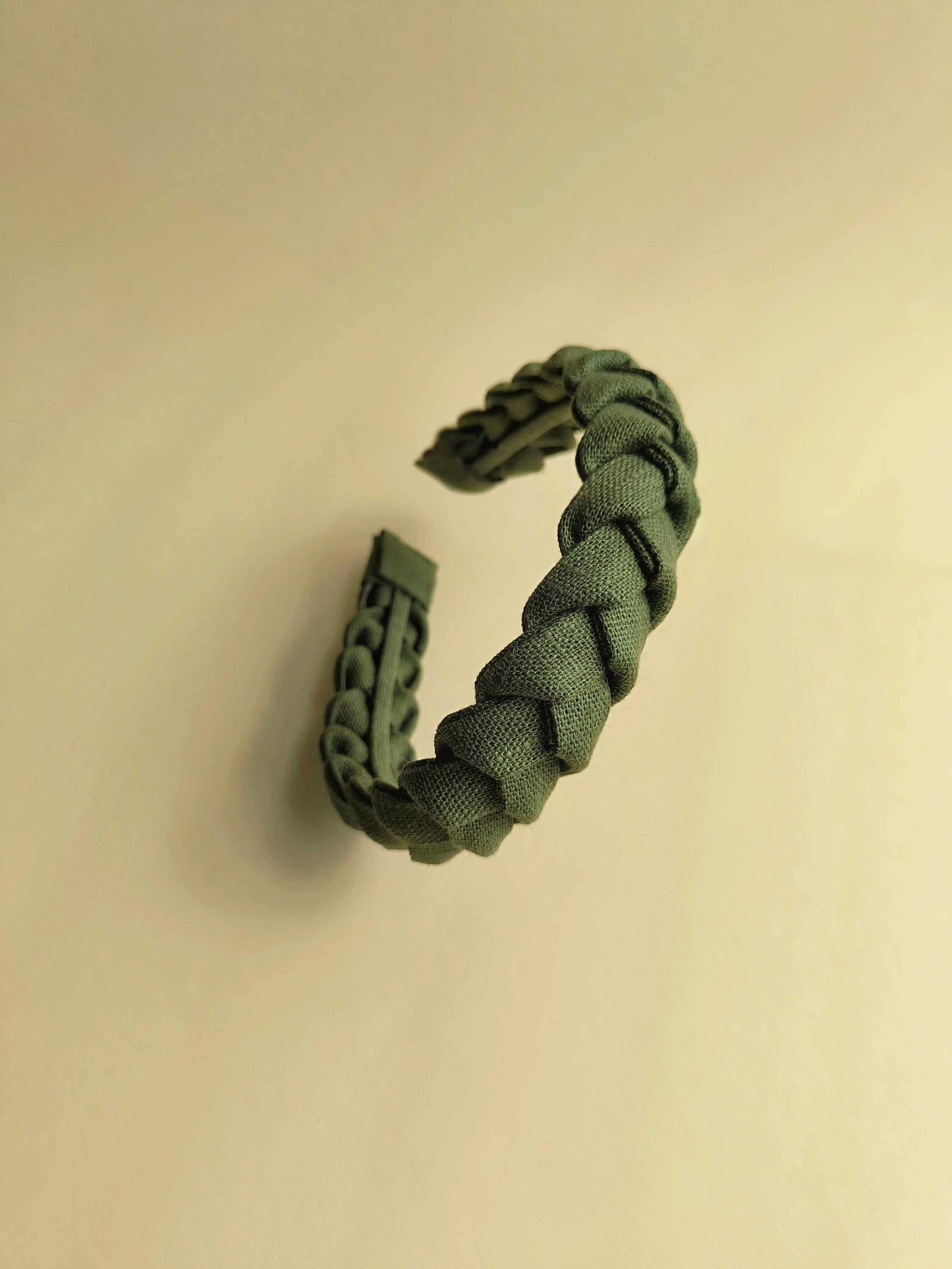 Khaki Green Linen Braided Headband