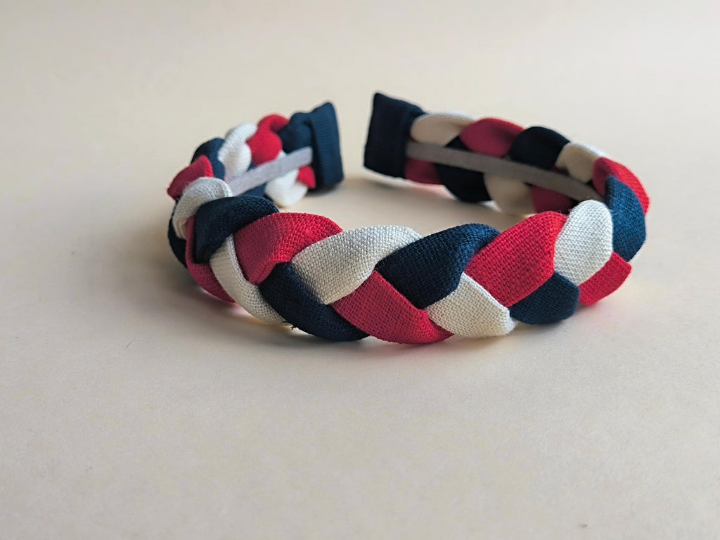 Red, White & Navy Blue Linen Braided Hairband