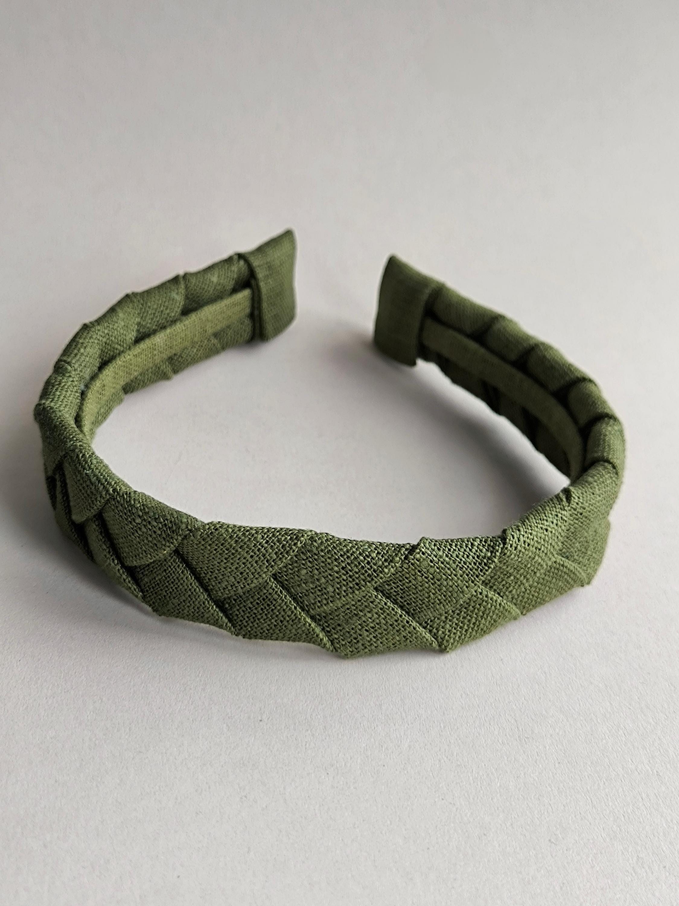Khaki Green Linen Flat Braided Hairband