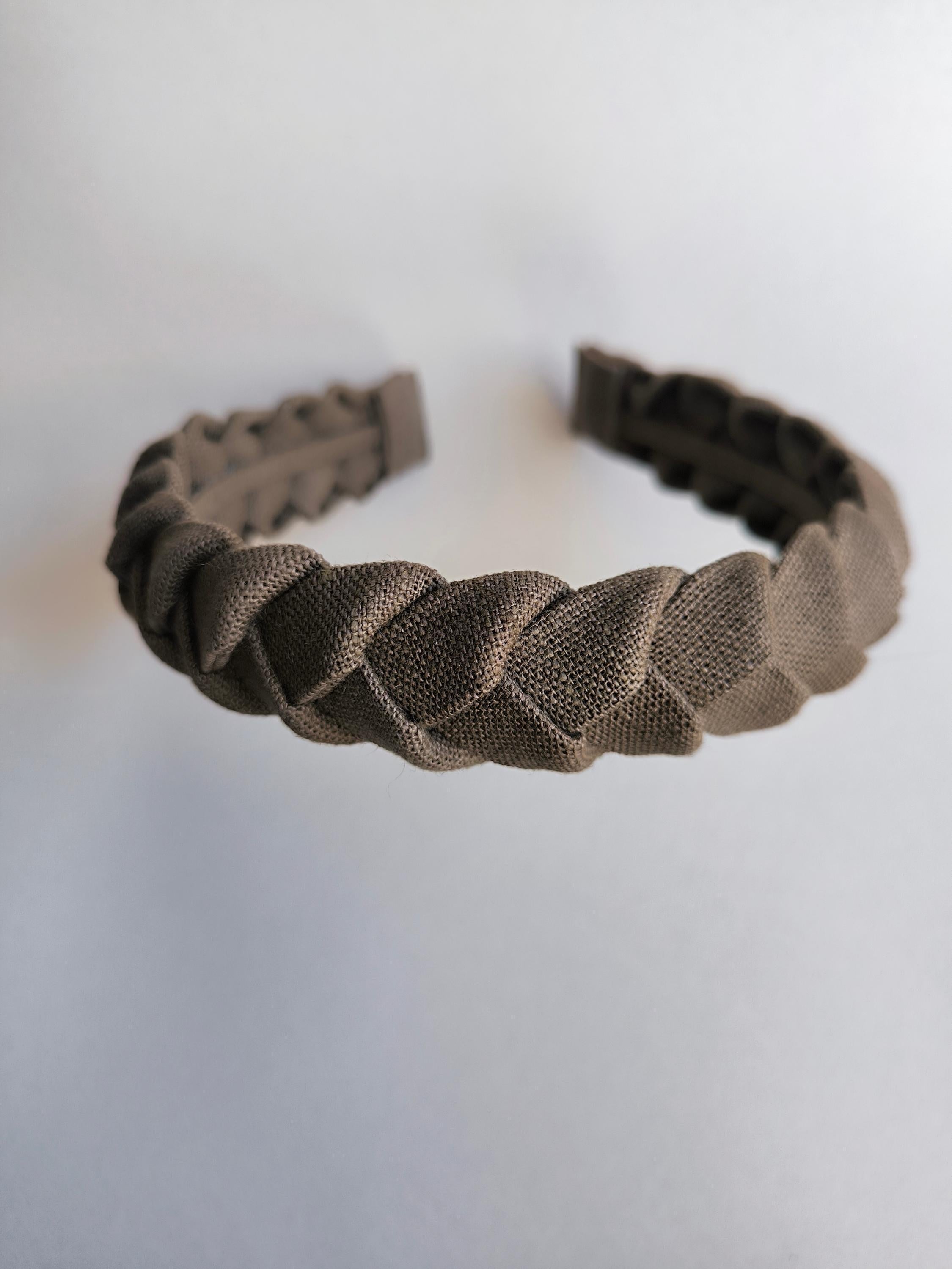 Brown Khaki Linen Braided Hairband