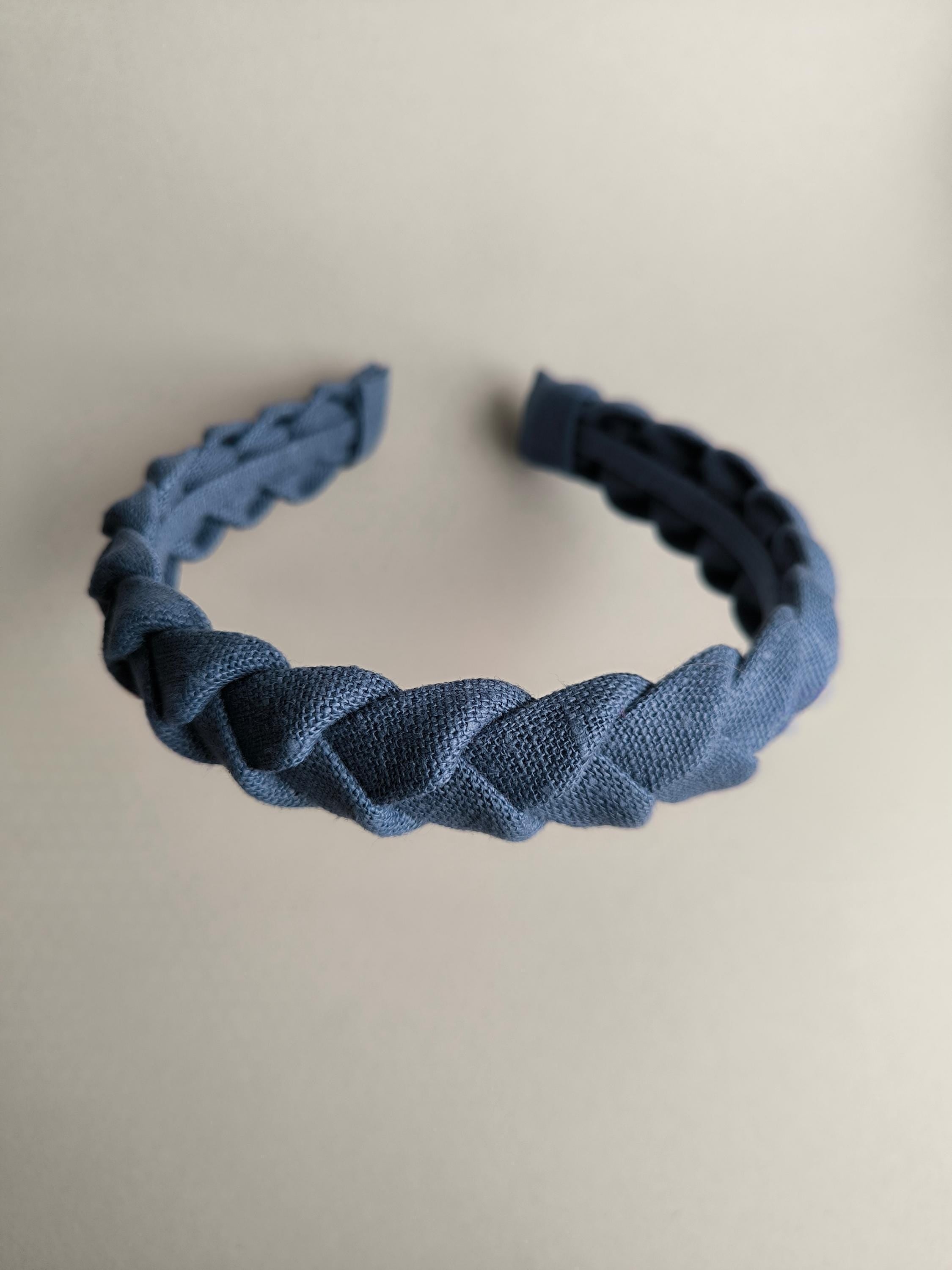 Handmade Denim Blue Linen Braided Headband: Stylish Accessory
