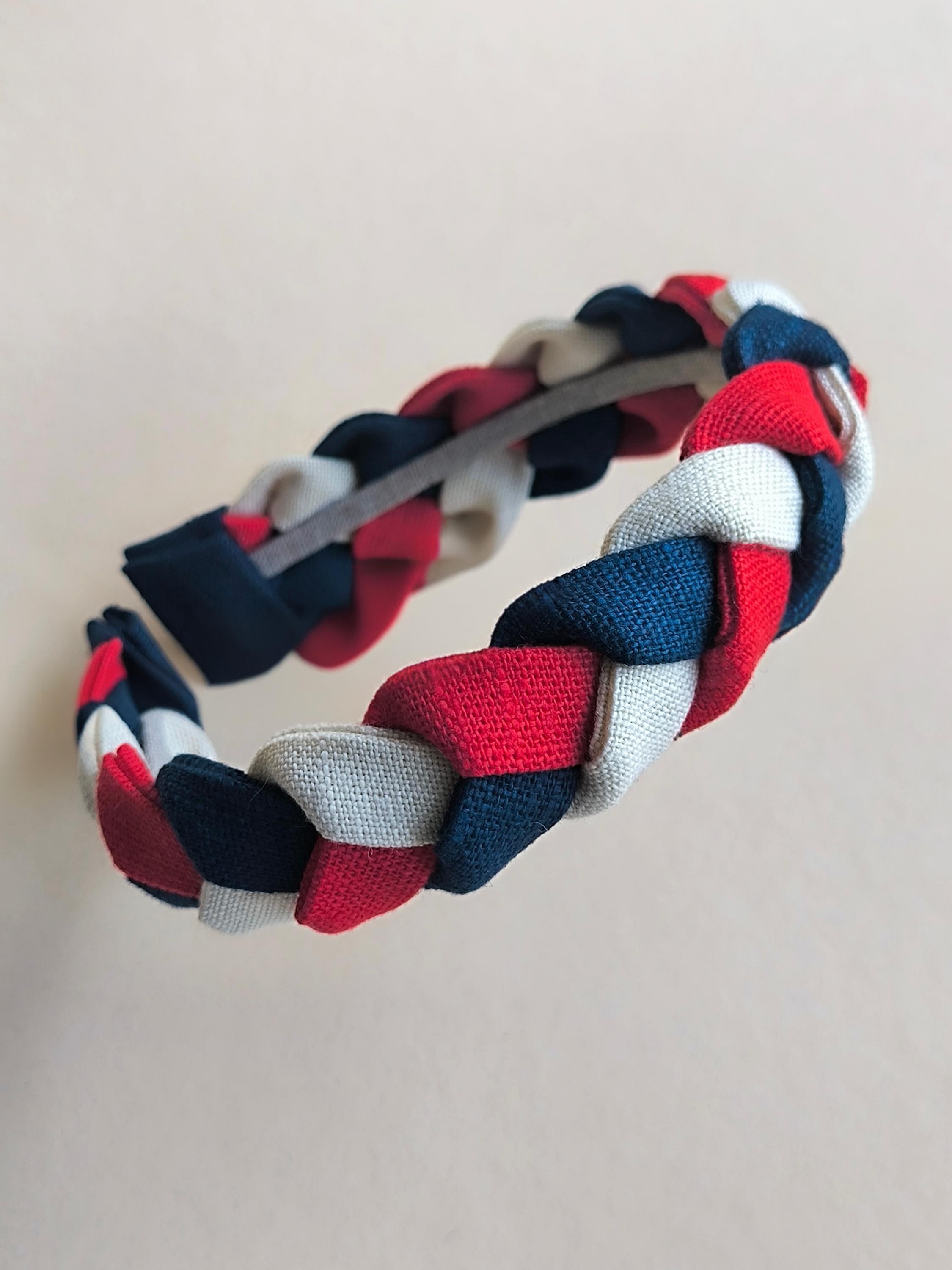 Red, White & Navy Blue Linen Braided Hairband