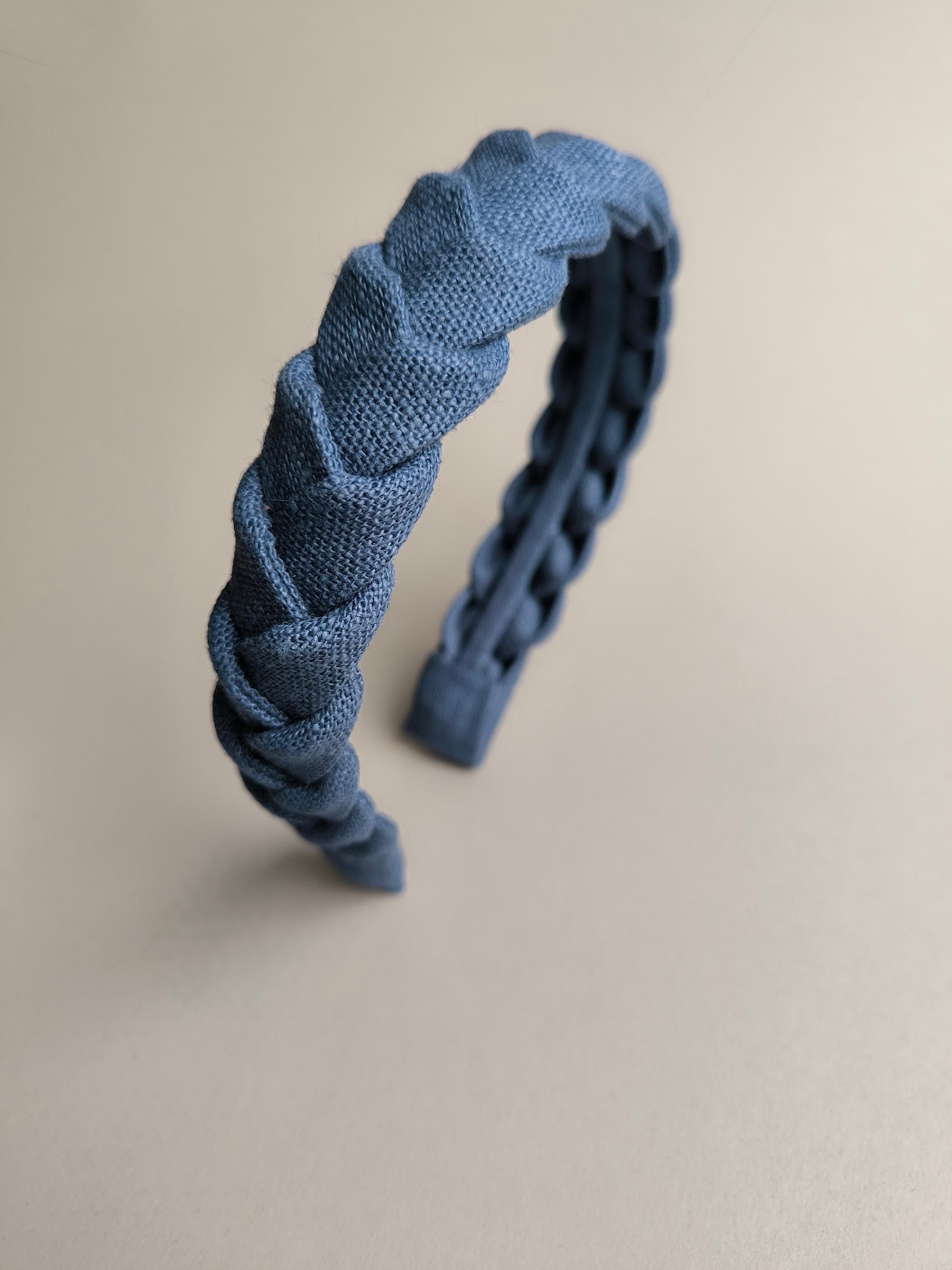 Handmade Denim Blue Linen Braided Headband: Stylish Accessory