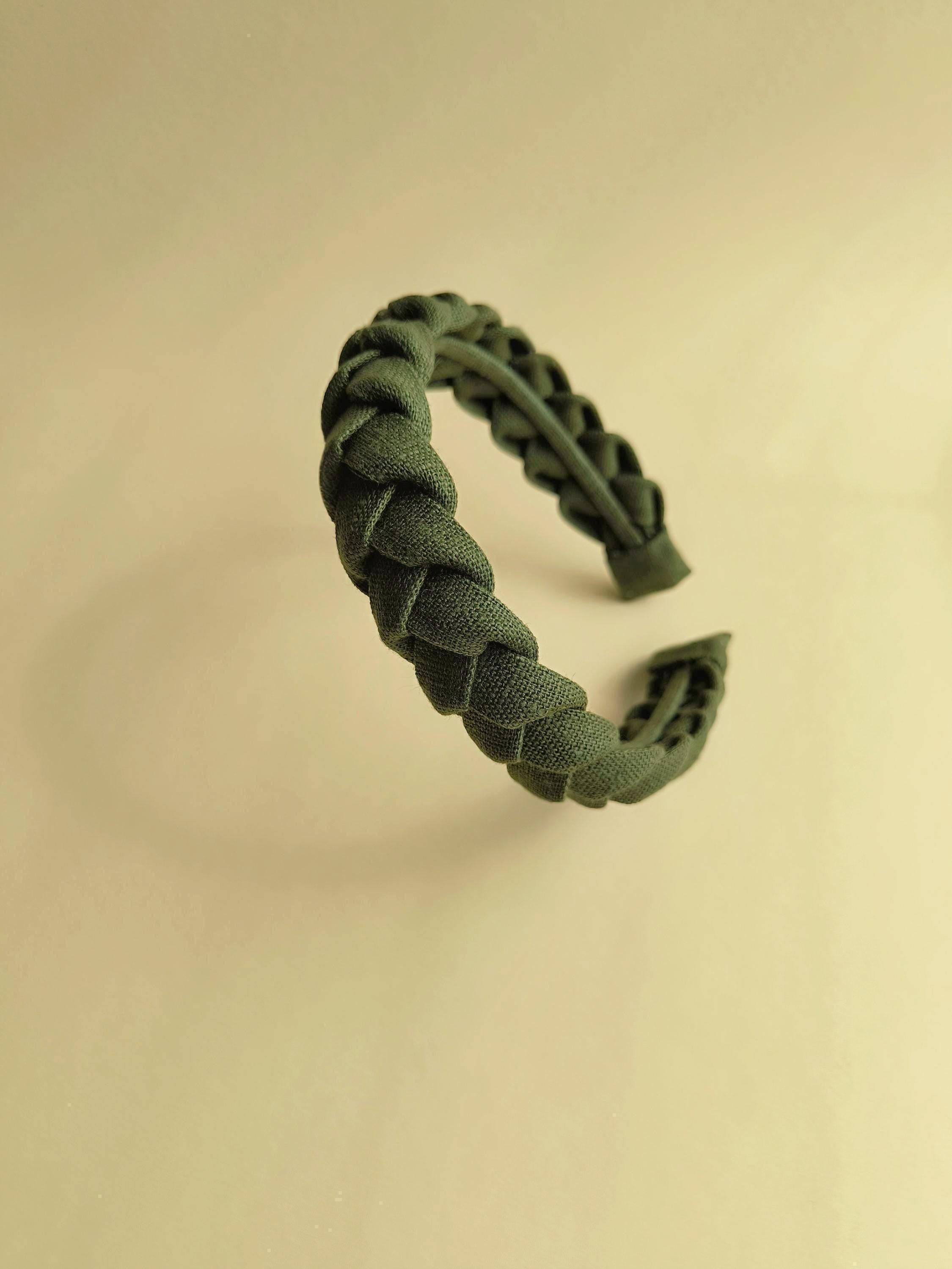 Khaki Green Linen Braided Headband