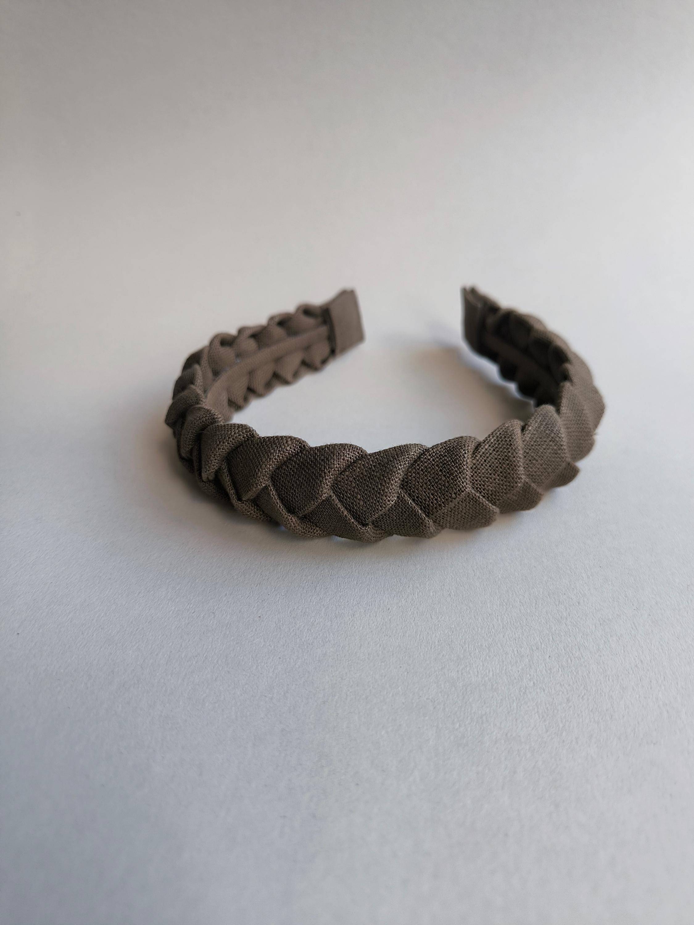 Brown Khaki Linen Braided Hairband