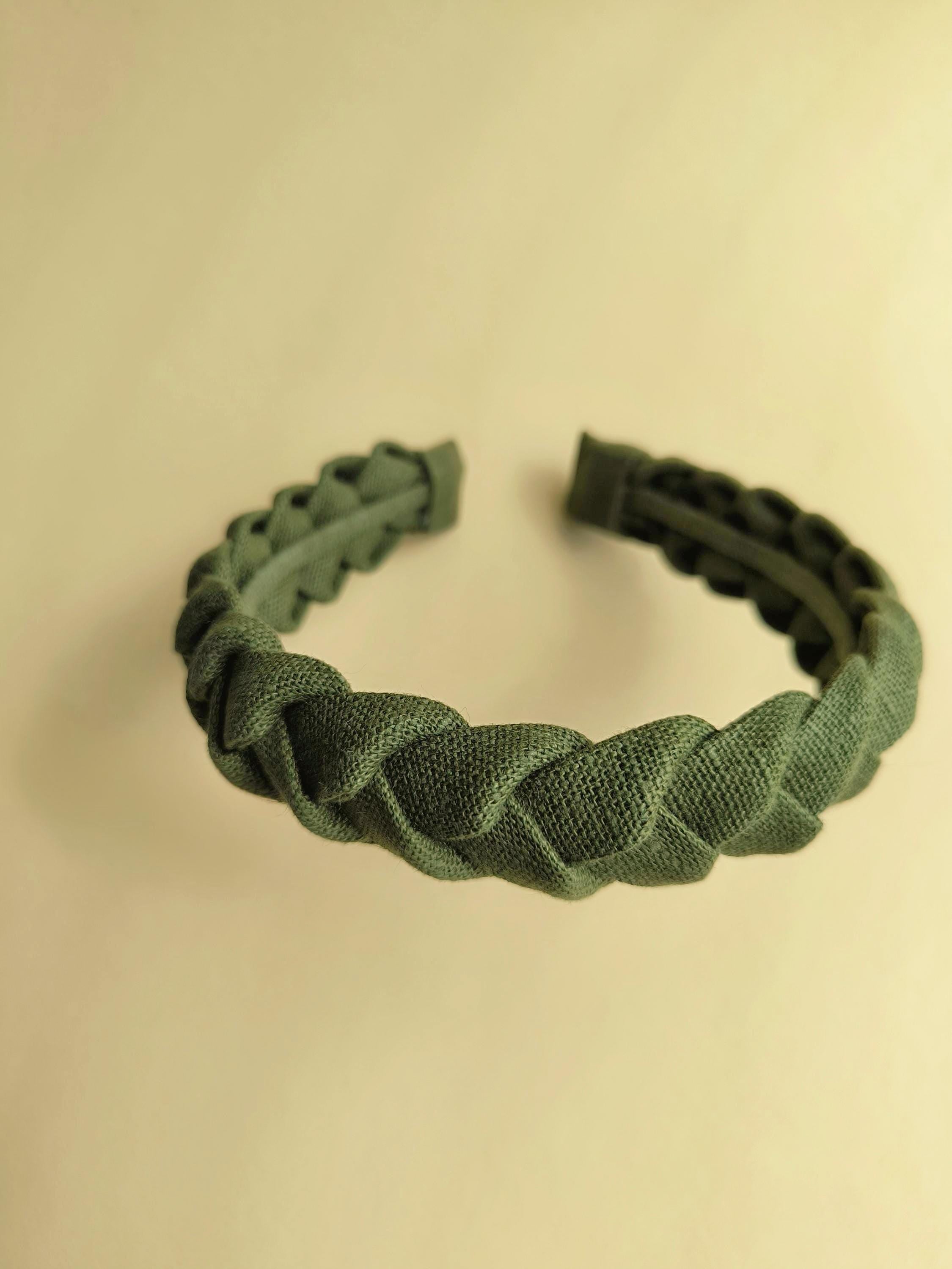 Khaki Green Linen Braided Headband
