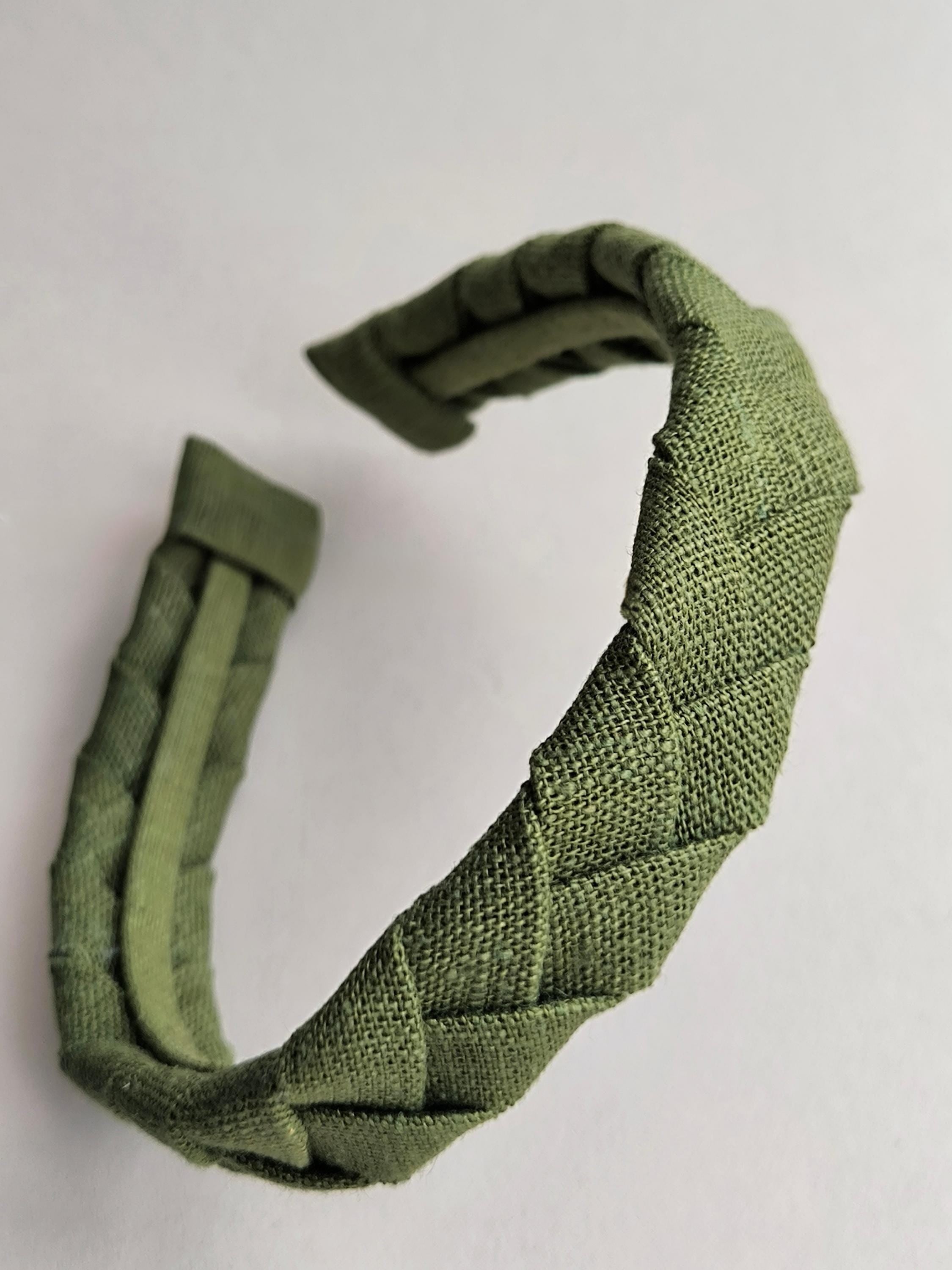 Khaki Green Linen Flat Braided Hairband