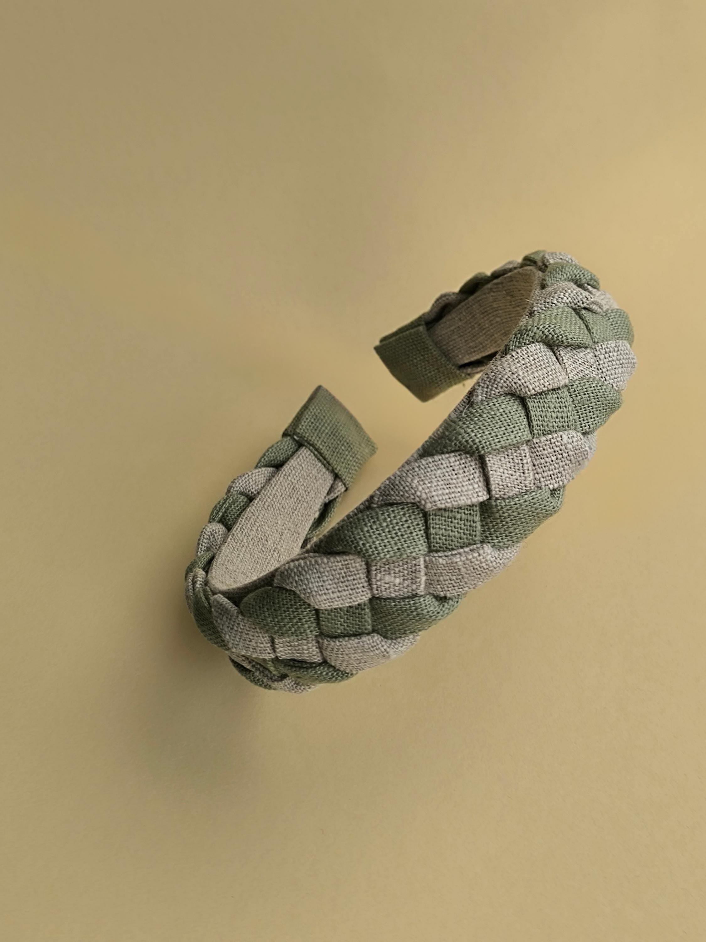Natural lin with Sage green Linen Braided Hairband
